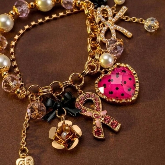 Betsey Johnson Gold and Pink Charm Bracelet - Picture 1 of 3
